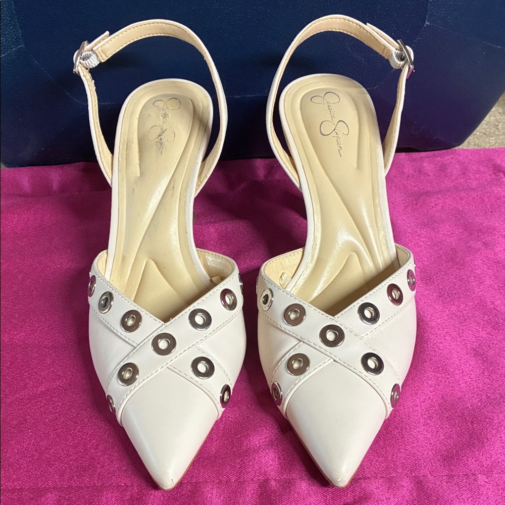 Jessica Simpson Cream Sling-back Heels with Silver Details